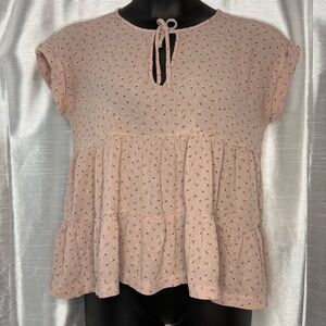 American Eagle M Peplum Top Cap Sleeve Keyhole Crinkle Dotted Swiss Microfloral